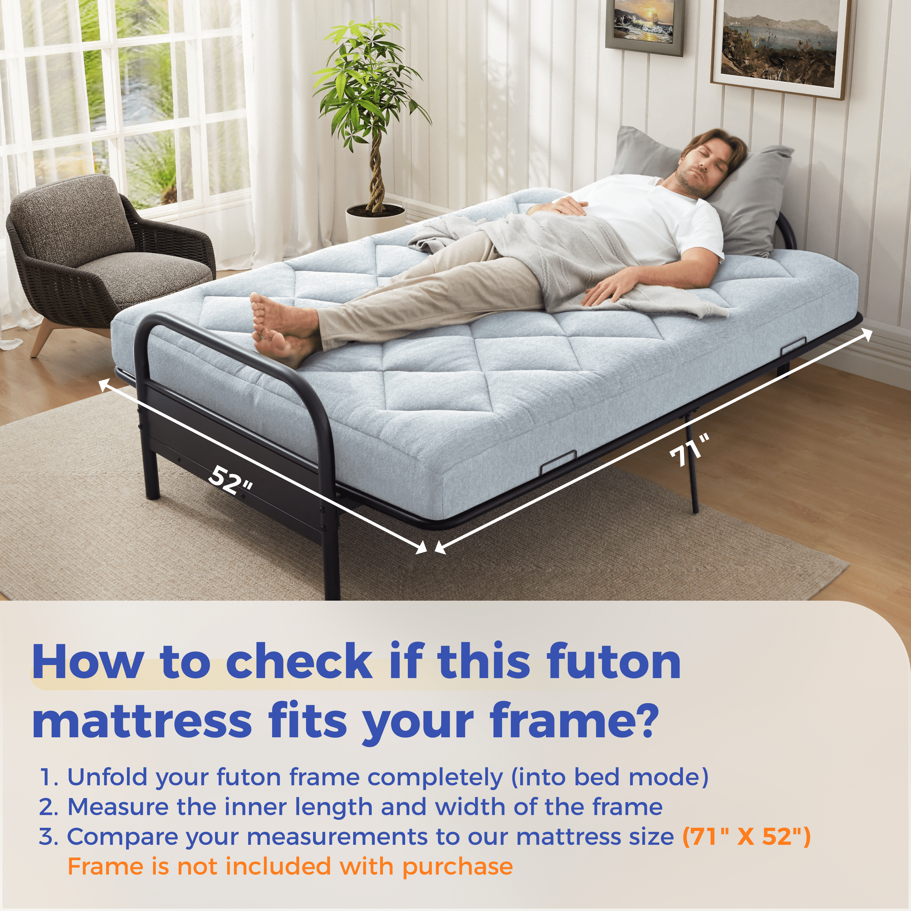 Jamdok 6" Full Size Memory Foam Futon Mattress  Replacement(Frame Not Included),Futons Sofa Couch Bed with Thickened Pillowtop Cover, Floor Mattress with Two Types of Firmness, Light Grey