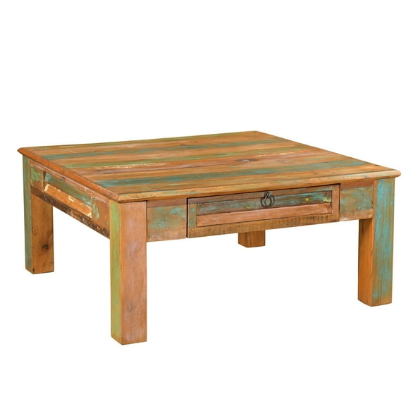 Farmhouse Style 40" Square Solid Wood Coffee Table | Distressed Painted Table | Gameroom Table With Drawers | Wooden Top Center Table