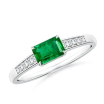 ANGARA Natural East West Emerald-Cut Emerald Solitaire Ring with Diamond Accents in Platinum for Women (Size-6x4mm) | May Birthstone, Anniversary, Jewelry Gift for Women | Natural Emerald Ring