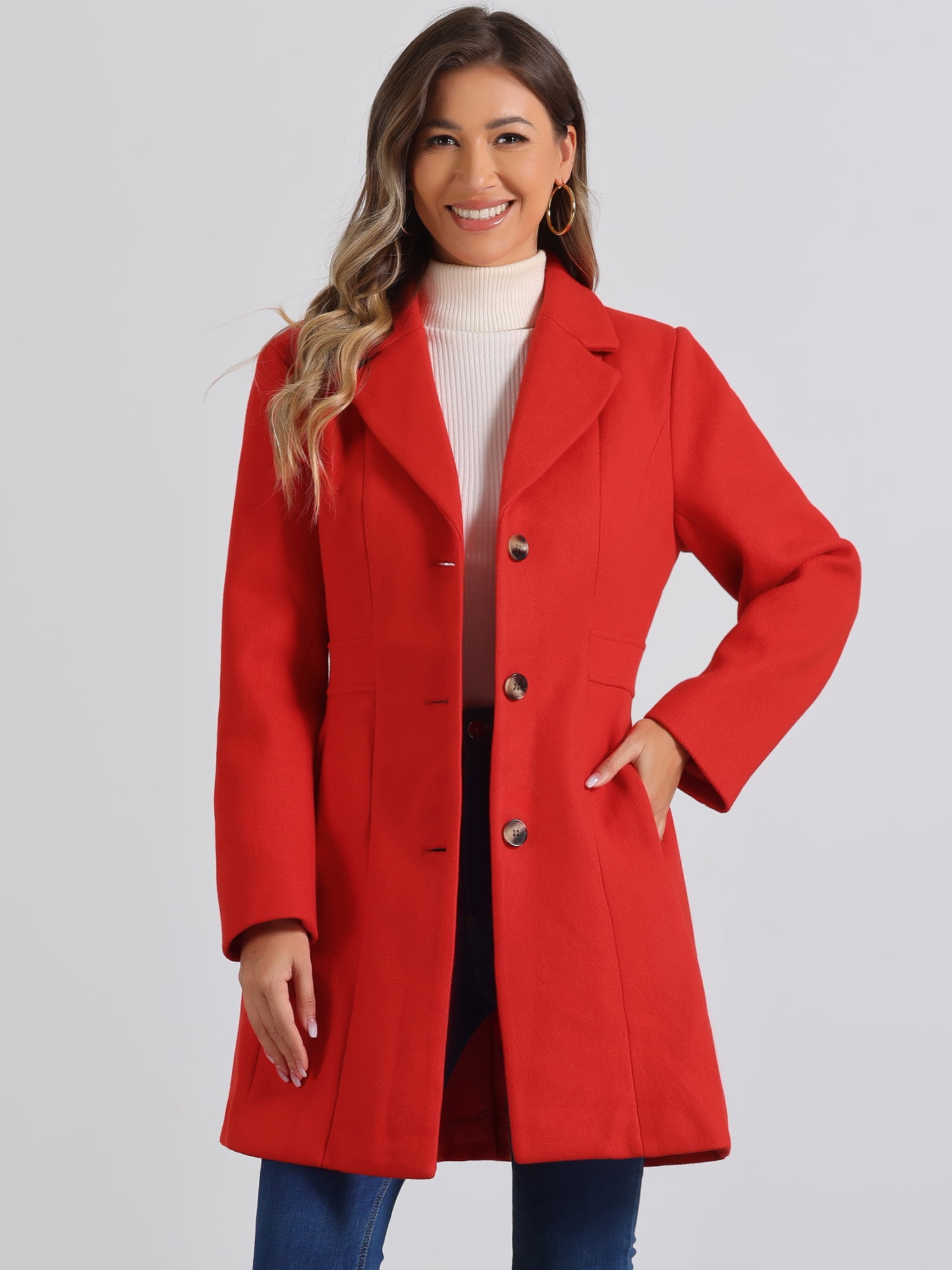 DARING DIVA Women's Notched Lapel Single Breasted Long Sleeve Winter Coats Red XS
