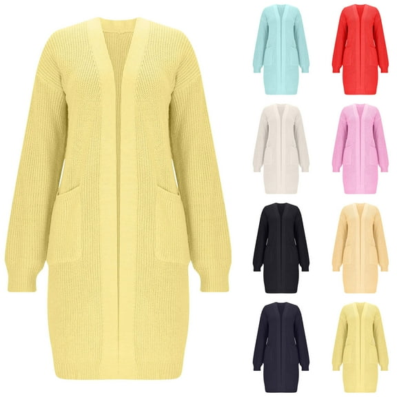 FRSASU Womens Knit Cardigans Soft Solid Color Long Sleeve Hoodless Casual Loose Sweater Coat Yellow XL(XL)