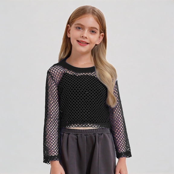 REDARER Big Girls Mesh Hollow Out Long Sleeve Top Cropped Crew Neck Sheer Breathable Casual Blouse for & Tweens,13-14 Years