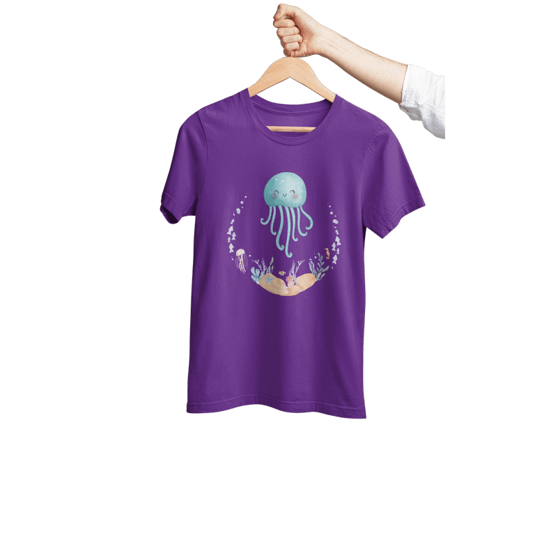kiMaran Design T-Shirt Jelly Fish Smiling Ocean Fish Unisex Short Sleeve  Tee (Team Purple XL)