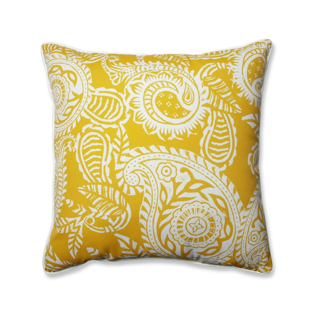 25" Addie Yellow and White Paisley Swirl Square Outdoor Corded Throw