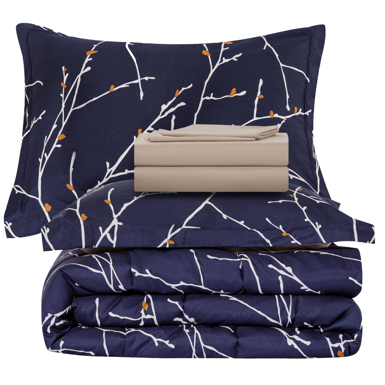 Literie Marina Décoration ultra douce et luxueuse en duvet d'oie, alternative au duvet d'oie, richement imprimée, avec draps et motif de branches bleu marine moderne