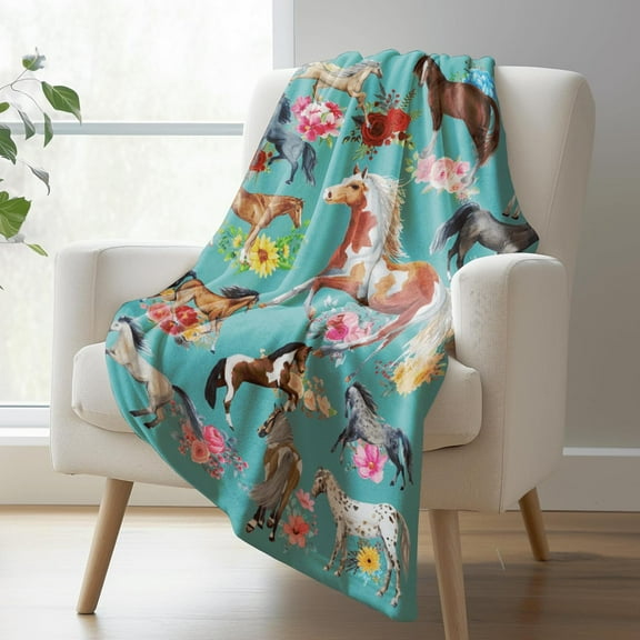 Horse Blanket for Girls Boys, Horse Gifts for Kids Throw Blanket for Couch Bed Travel, Soft Cozy Warm Flannel Toddler Blanket for Daycare Nap Preschool, Green, 40x50 Inches