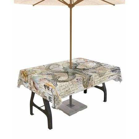 Octopus Ocean Jellyfish Marine Theme Rectangle Tablecloth with Zipper Waterproof Table Cloth with Umbrella Hole Patio Tablecloths for Outdoor Table Summer Nautical Retro Letter Spillproof Table Cover