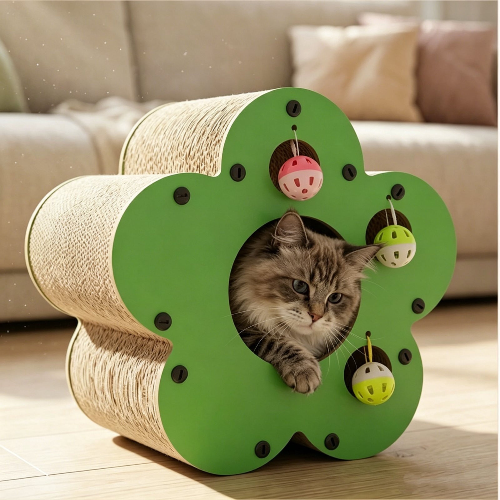 Ikohbadg Corrugated Cardboard Cats Scratcher, Interactive Climbing Toy for Indoor Cats with Bells, Durable Scratch Pad and Playground for Multiple Cats, Engaging Entertainment for Feline Fun