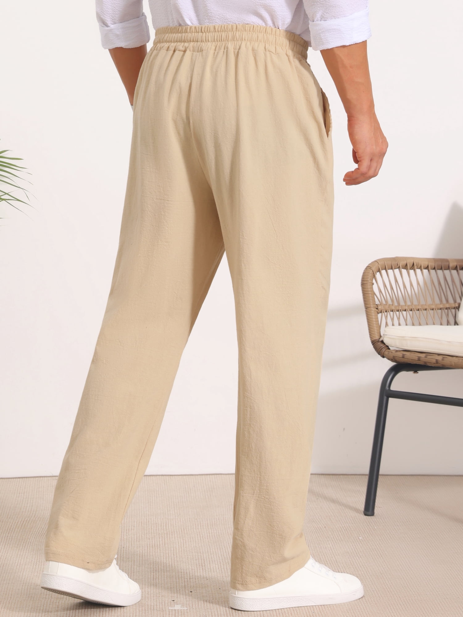 DARING DIVA Men's Beach Pants Drawstring Waist Breathable Summer Linen Pants 36 Khaki