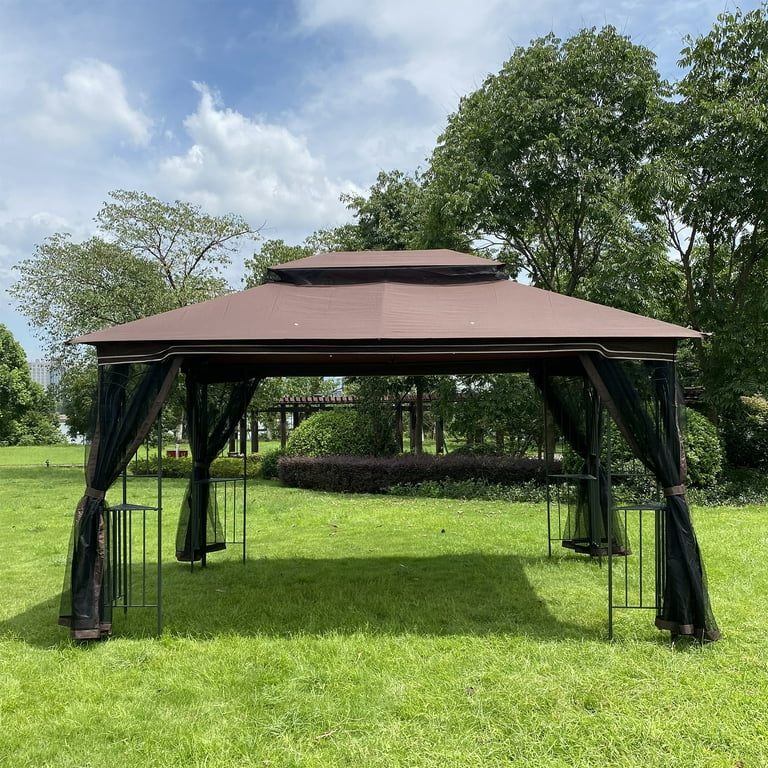 Gazebo with Netting 13 x 10ft Patio Canopy Tent With Double Roof And Detachable Mosquito Net Gazebos and Canopies for Lawn Garden Backyard and Deck Brown LJ3853 Walmart