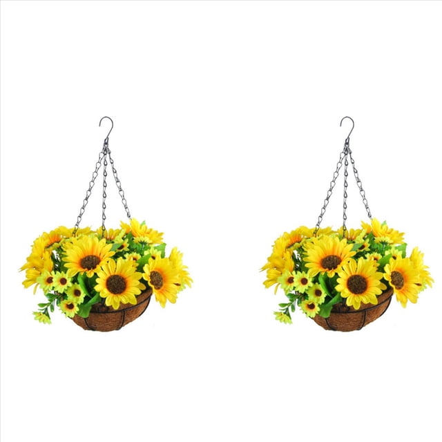 2X Flores Colgantes Artificiales en Cesta para DecoracióN de Patio, CéSped, JardíN, para la DecoracióN de Exteriores e Interiores, Color Amarillo