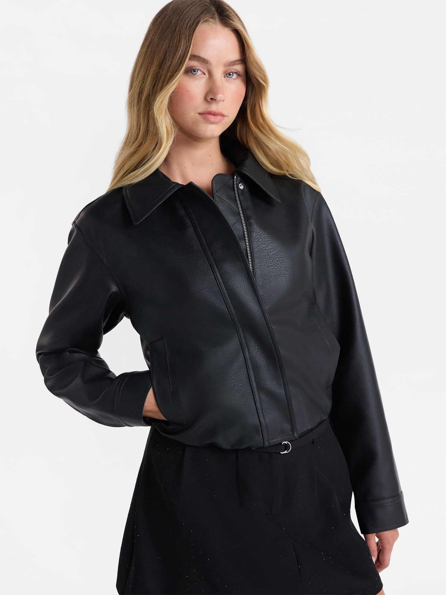 No Boundaries Bubble Hem Faux Leather Bomber Jacket, Women's
