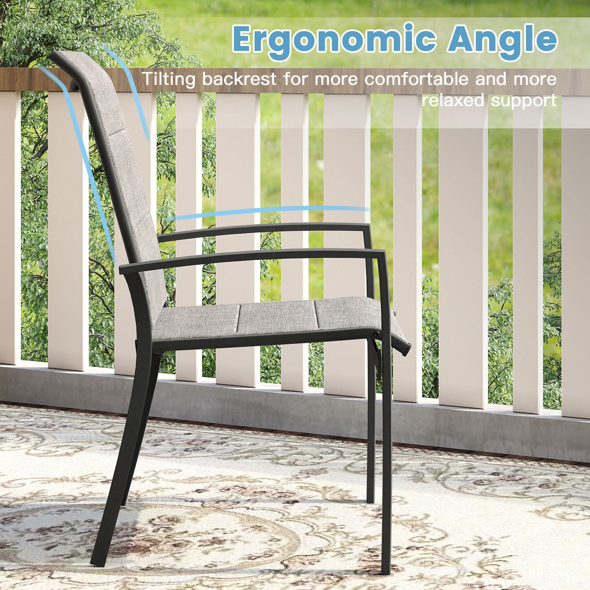 Vicllax Outdoor Patio Dining Chairs Stackable Padded Metal Frames with Textilene, Set of 6, Gray