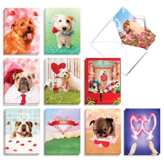 The Best Card Company 20 Assorted Funny Valentine's Day Notes Bulk Pack Set 4x5.12 w/ Envelopes, 10x2 Designs, For Men, Women, Loving Puppies AM3188VDG-B2x10