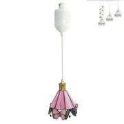 FSLiving Adjustable Height J-Type Track Lighting Tiffany Pink Butterfly Brass Finished E14 Socket Stained Glass Baroque Style Track Mount Pendant Light for Restaurant Dinning Table Store - 1 Pack