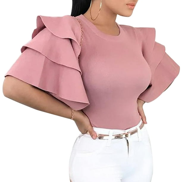 Women's O-Neck Slim Office Shirts Tops Elegant Ruffle Sleeve