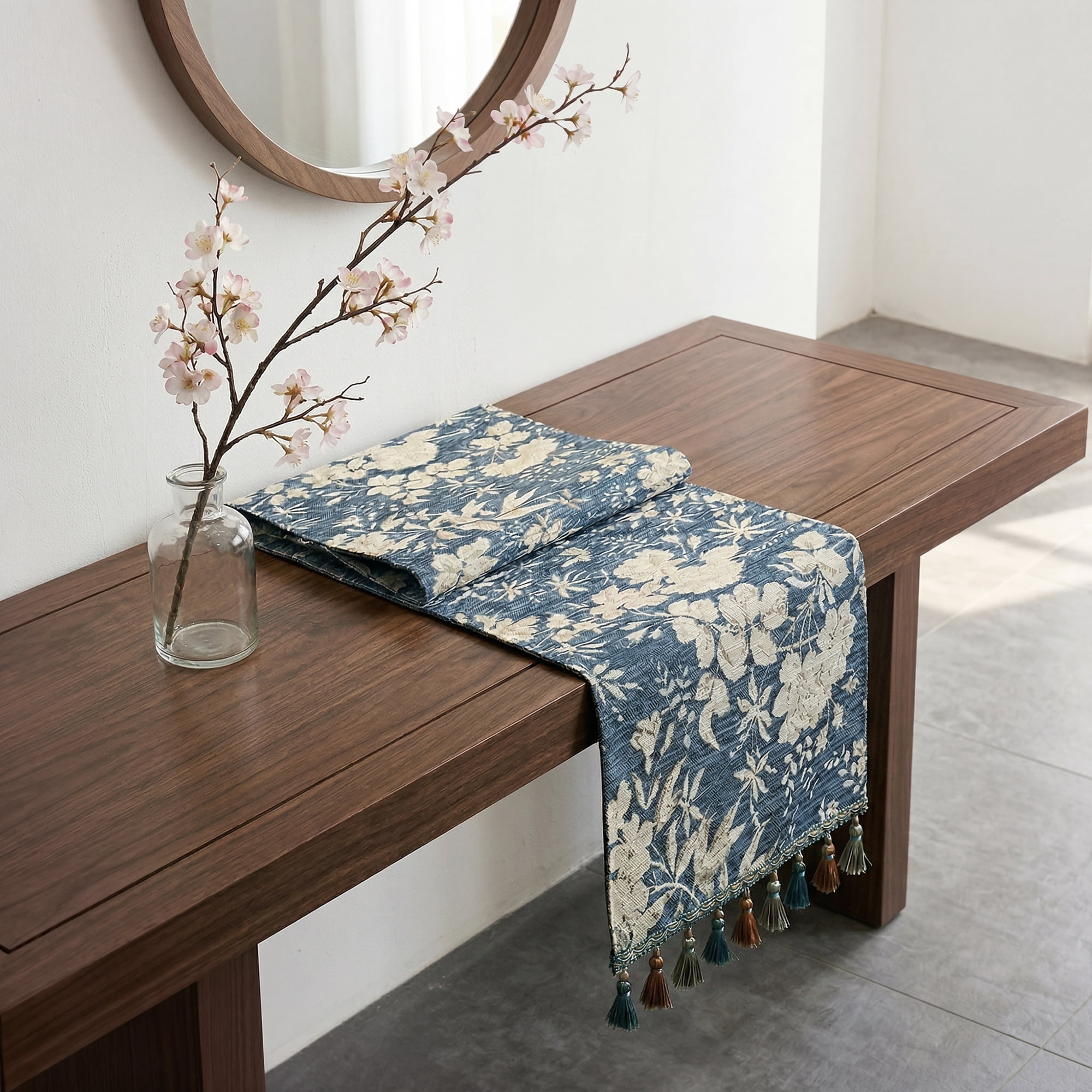 Unique Bargains Floral Table Decoration Kitchen Runner with Tassel Blue 13.8x70.9in