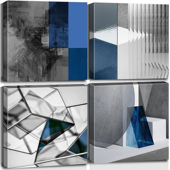 Abstract Geometric Canvas Wall Art Pictures Modern Print Painting for Office Living Room Bedroom Wall Decor (16"x16"-4Pcs, Blue)