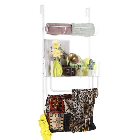 Towel Rack on Door, 3 Tier Towel Rack for Bathroom Door Hanging, Towel Bar Behind Bathroom Door, Door Blanket Rack for Clothes, Bath Towel, Hand Towel, Sponge, White