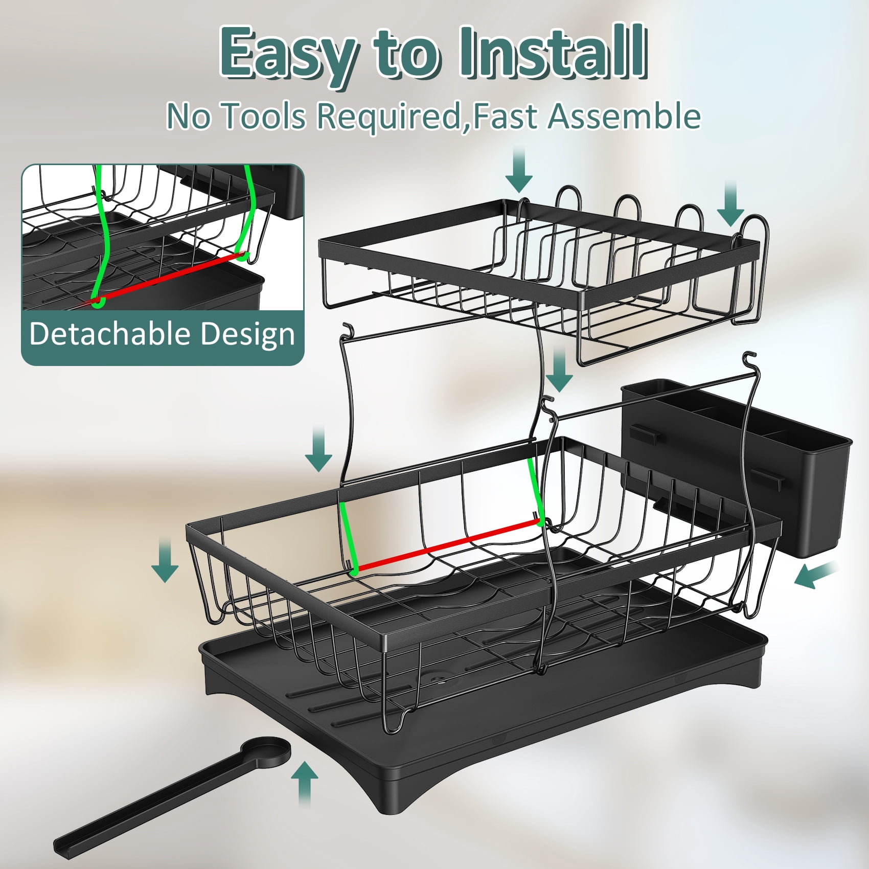 Glovv 2 Tiers Detachable Dish Drying Rack, Collapsible over the Sink Dish Rack, Versatile Racks for Kitchen Counter with Auto Drainage System and Breathable Mesh, Black