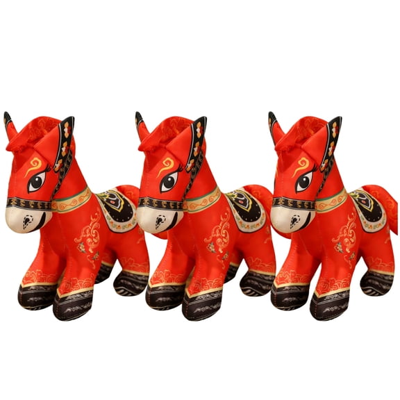 3-Pack Red Chinese Style Plush Pony Doll: Year of the Horse Zodiac Mascot with Classic Oriental Pattern, Soft Cuddly Horse Toy for Kids Home Office Decor Gift