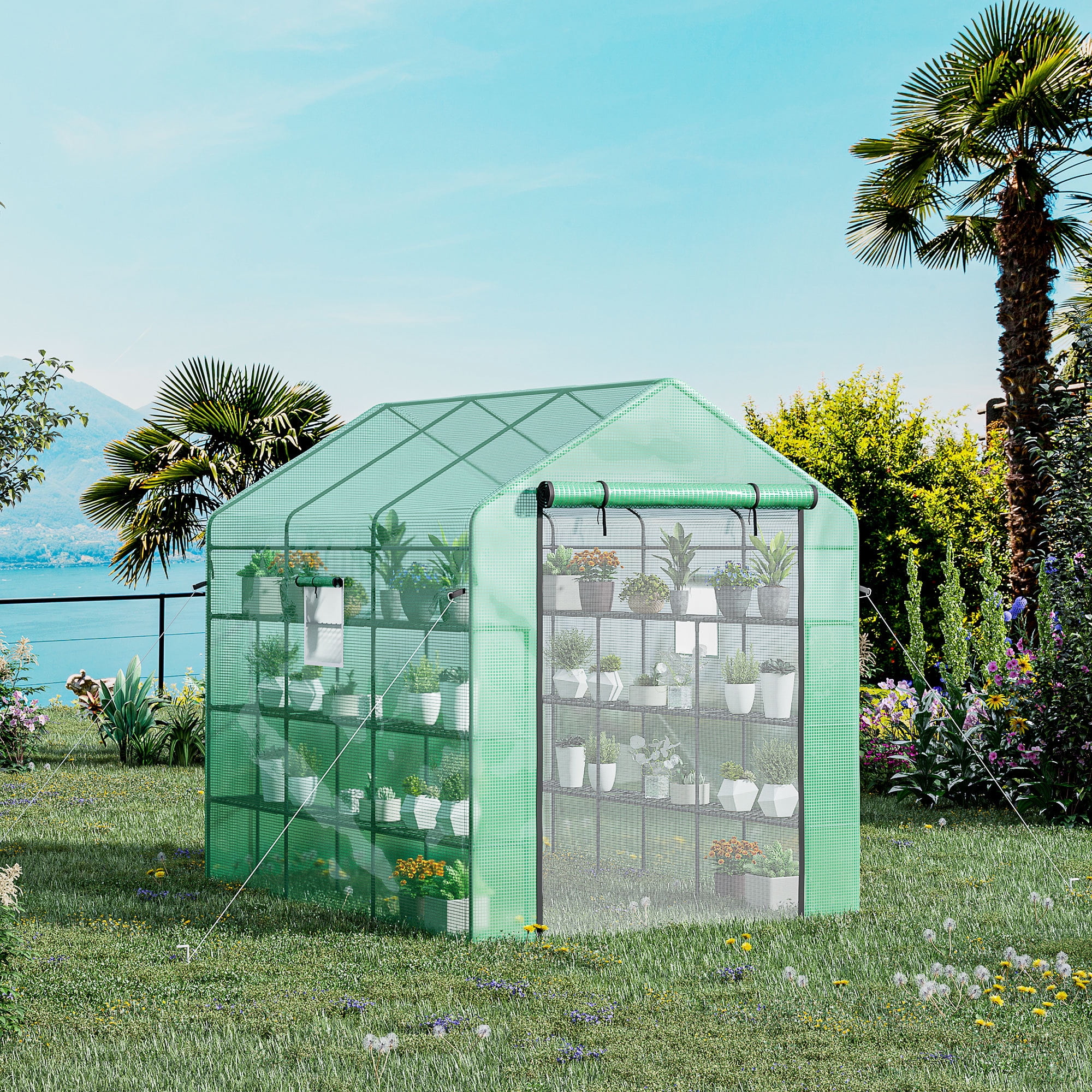 Walk-in Greenhouse with Mesh Door and Windows, 18 Shelf Hot House with Trellis