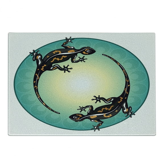 Salamander Cutting Board, Artwork of Lizards Ornamented into a Circle, Decorative Tempered Glass Cutting and Serving Board, in 3 Sizes, by Ambesonne