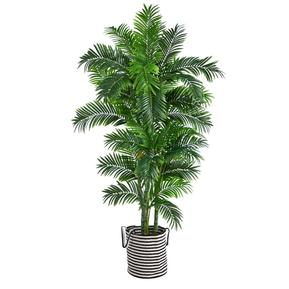 Nearly Natural 6ft Curvy Parlor Palm Tree in Black & White Natural Jute & Cotton