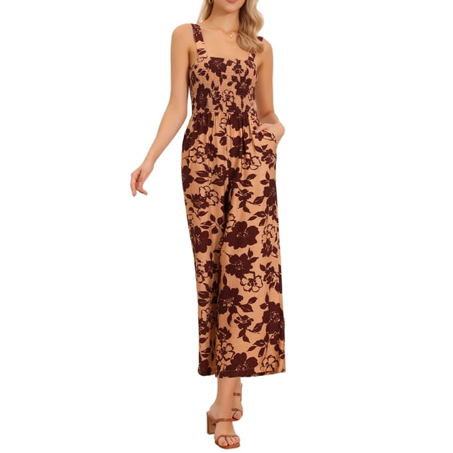INSPIRE CHIC Jumpsuits florales para mujeres, casuales, sin mangas, de cintura alta, pantalones de pierna ancha, rompers con bolsillos XL Naranja