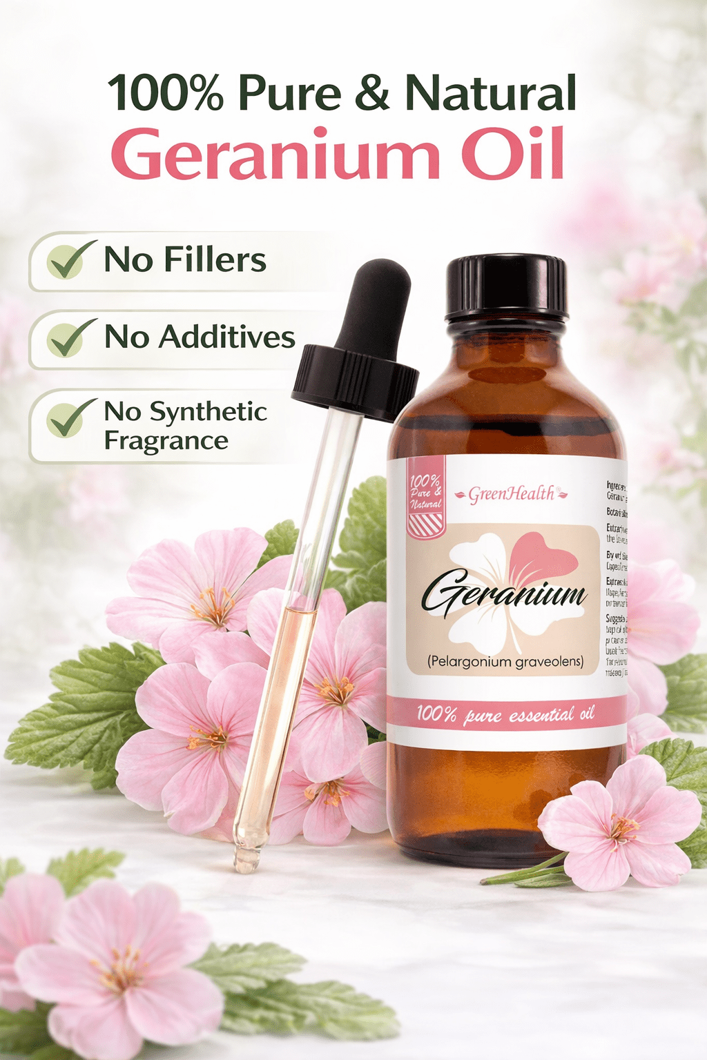 GreenHealth Geranium Essential Oil – 4 fl oz (118 ml) Glass Bottle w/Glass Dropper – 100% Pure