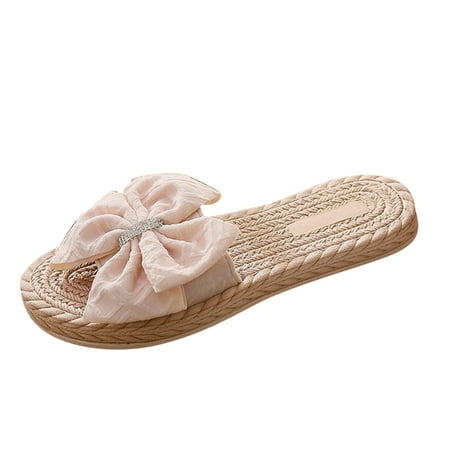 

Fashion Spring And Summer Women Slippers Straw Espadrille Bow Rhinestones Flip Flops Beach Flat Bottom Cloth slipper for Women