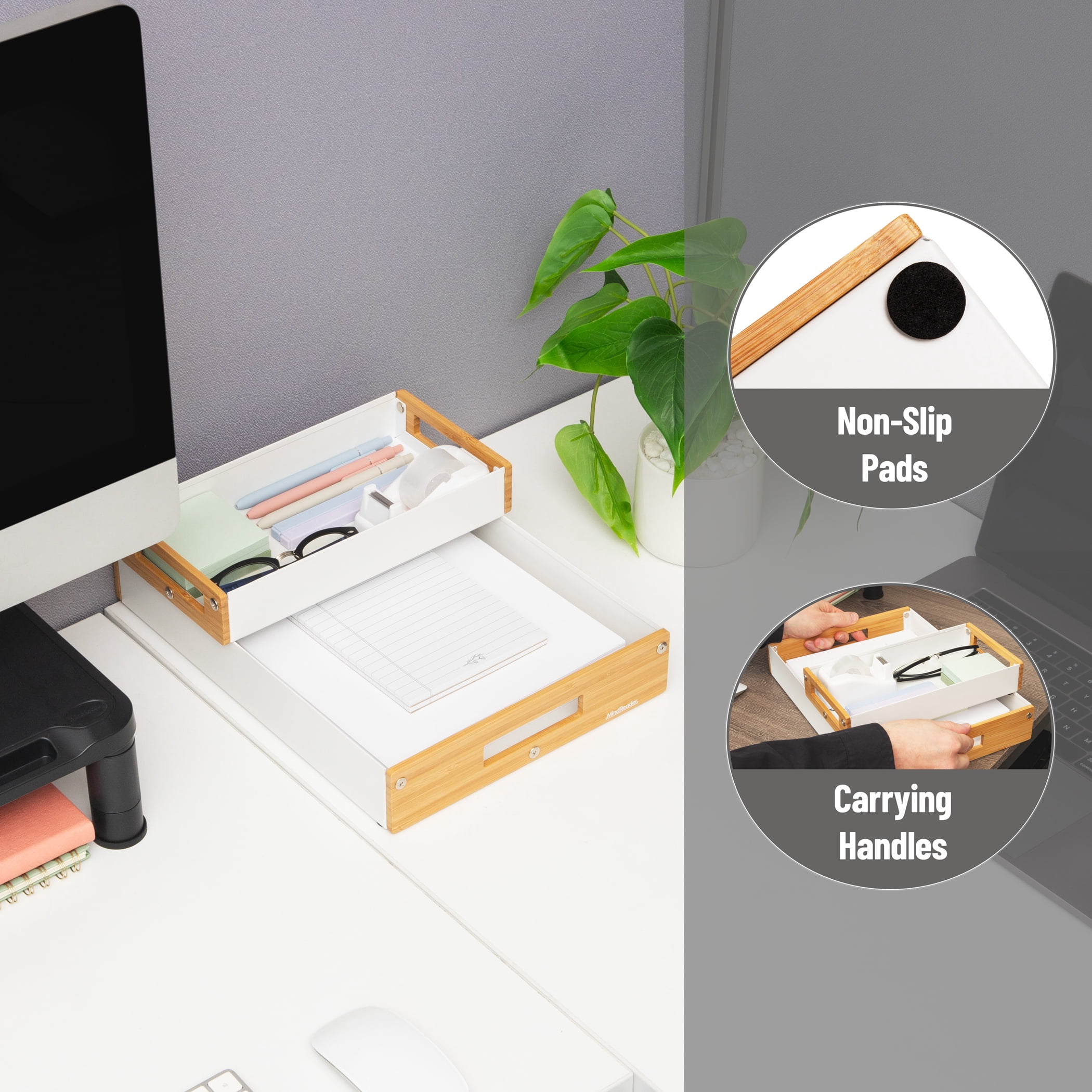 Mind Reader Stackable Desktop Organizer Trays - Metal & Wood, White, Set of 2