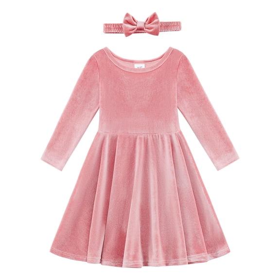 Valcatch Toddler Girl Velvet Long Sleeve Swing Dress with Hairband Christmas Outfit for 2-7 Years (Spring/Fall/Winter)
