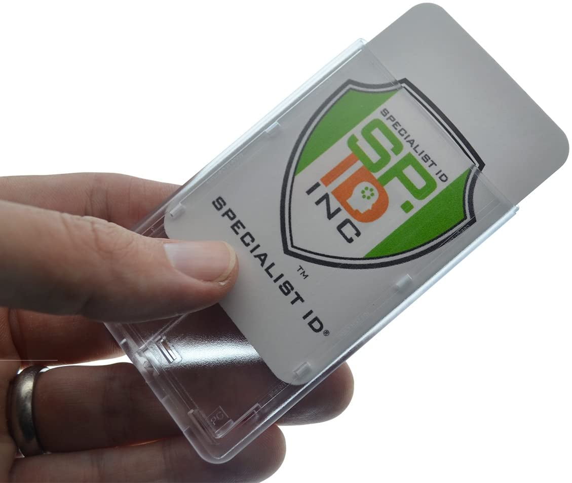 50 Pack - Frosted Vertical Rigid Badge Holder I.D. Card Dispenser with Easy Access Red Extractor Slide by Specialist ID