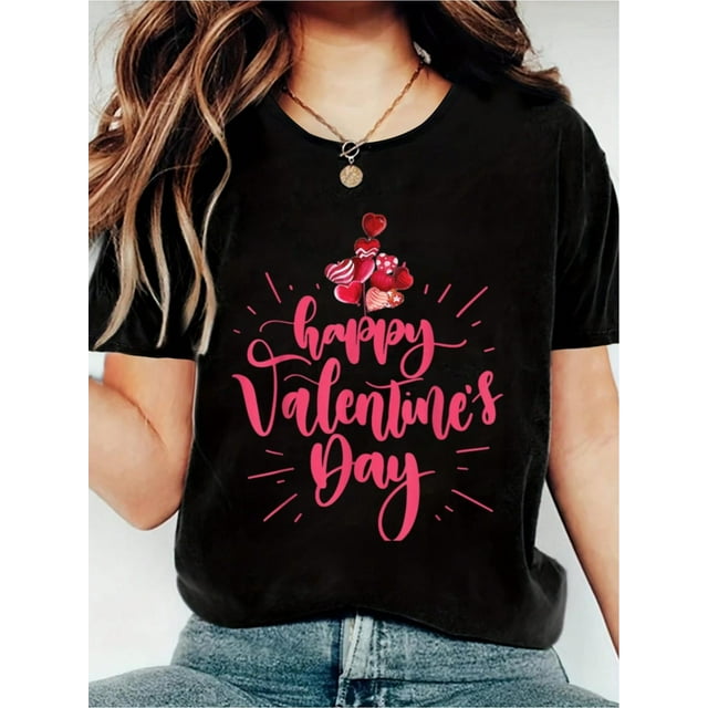 Happy Valentine's Day T-Shirt, Women's Casual Short Sleeve Top For Spring & Summer, Women Graphic T Camisetas para mujer, lindas camisetas con estampado gráfico, de manga corta, estilo casual, para ve
