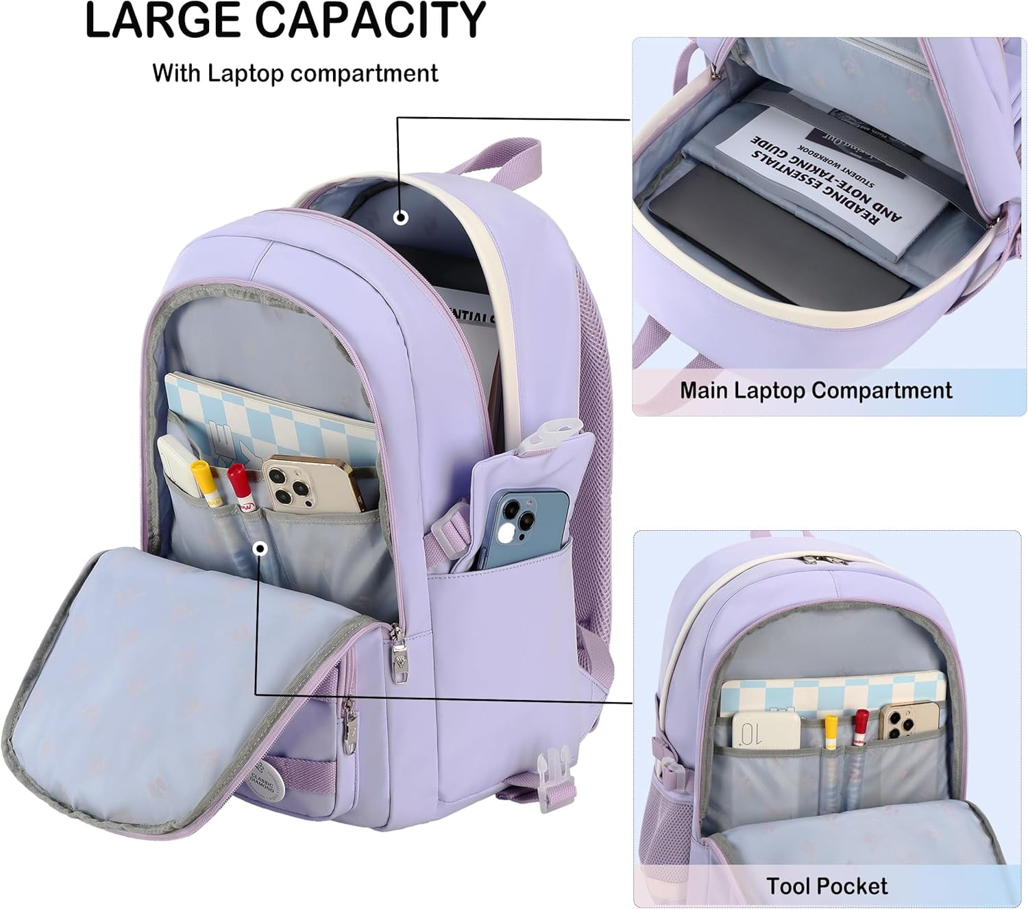 AO ALI VICTORY Laptop Backpack 15.6 inch College Backpack Large Schoolbag Anti Theft Travel Backpack Casual Daypack Schoolbag Teen Ladies (Purple)