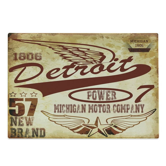 Detroit Cutting Board, Vintage Elements Michigan Company Free Wings Transport Auto Show Themed, Decorative Tempered Glass Cutting and Serving Board, Large Size, Pale Yellow Burgundy, by Ambesonne