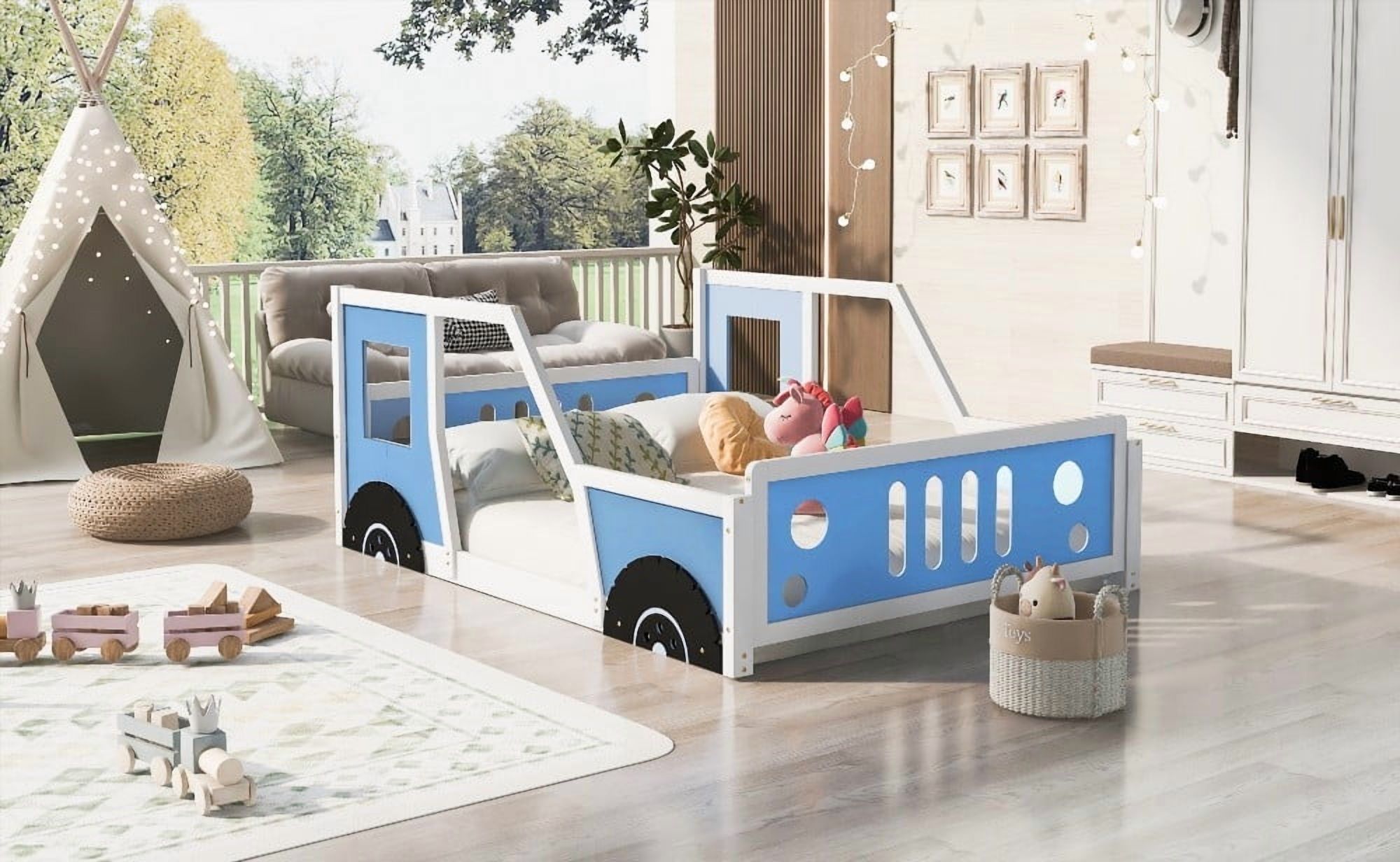 Full Size Classic Car Bed with Wheels - Blue|Sturdy Pine Wood Frame|Easy Assembly