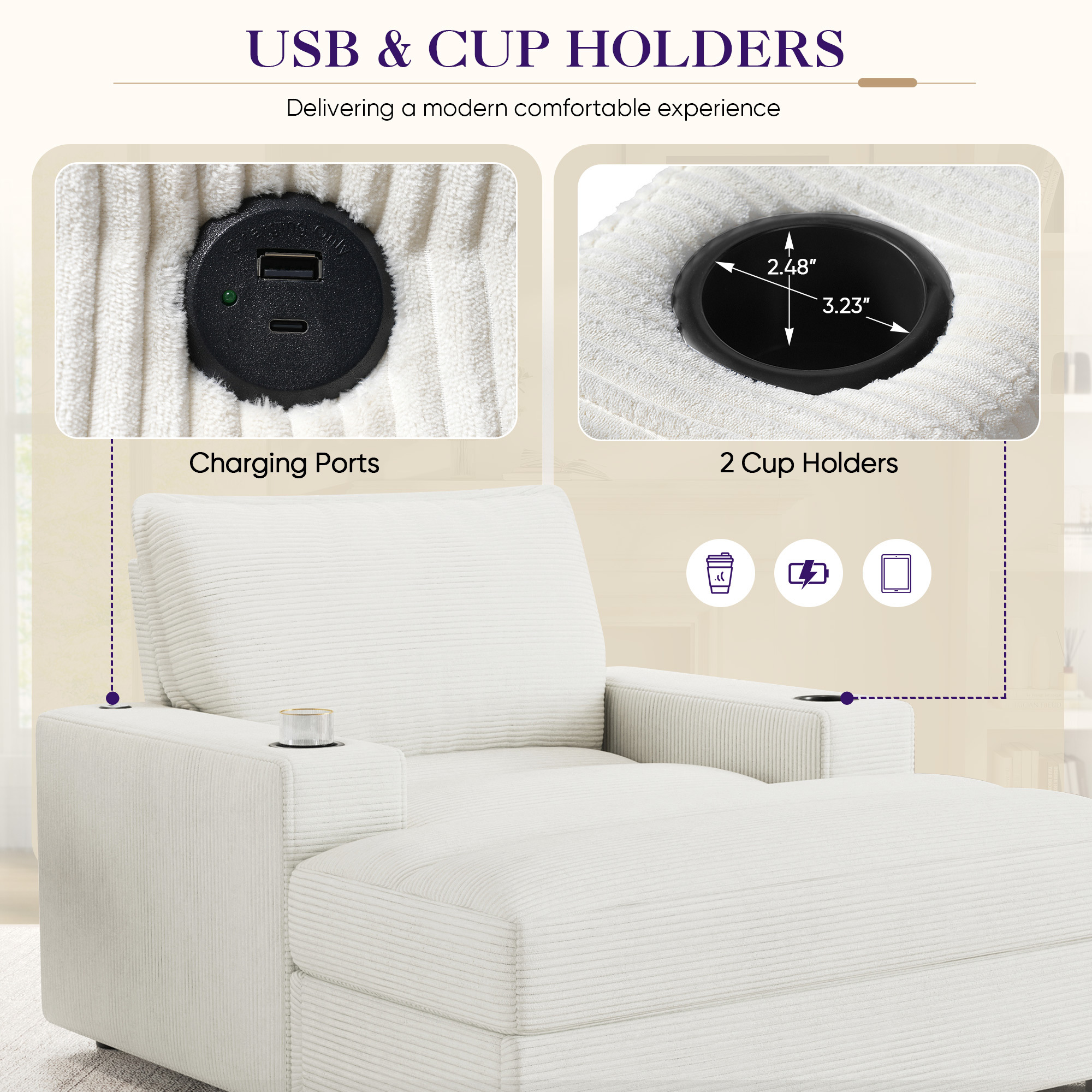 Lunale 42.8" Accent Chair with Ottoman, Indoor Chaise Lounge Chair with USB & Storage, Plush Reading Sofa Armchair for Living Room, Bedroom, Apt, White Corduroy