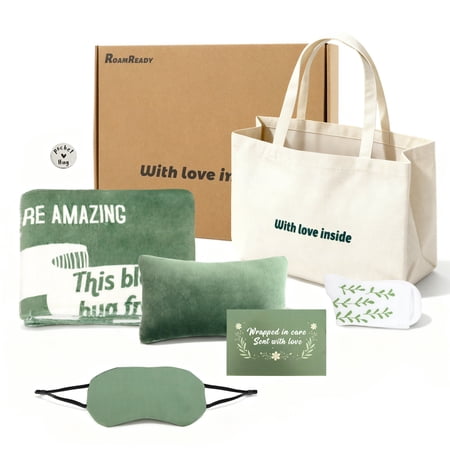 RoamReady 8-Piece Self Care Gift Box for Women, Thinking of You Care Package with Hug Blanket, Travel Pillow and Tote Bag