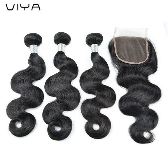 VIYA Unprocessed Body Wave Bundles Human Hair with Frontal 4x4 Closure 12 12 12 10 Natural Black