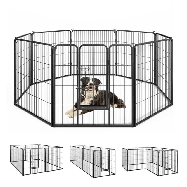 Gymax Dog Playpen Indoor Outdoor 8 Panel 32'' Height Pet Fence for Puppy w/ Door. This black metal playpen features eight panels, including one with a secure door and lock for easy pet access. The customizable design allows for various shapes, such as octagon, square, or rectangle, making it suitable for different spaces. The durable, rust-resistant construction is ideal for indoor and outdoor use, with anti-slip footpads and rounded corners for added safety. A dog is shown inside the octagon-shaped playpen, demonstrating its spacious and secure design.