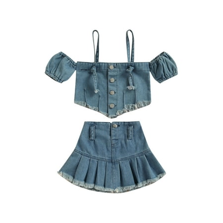 

Fiomva Girl Two-Piece Suit Short Sleeve Button Down Sling Denim Tops and Skirt Blue 3-4 Years