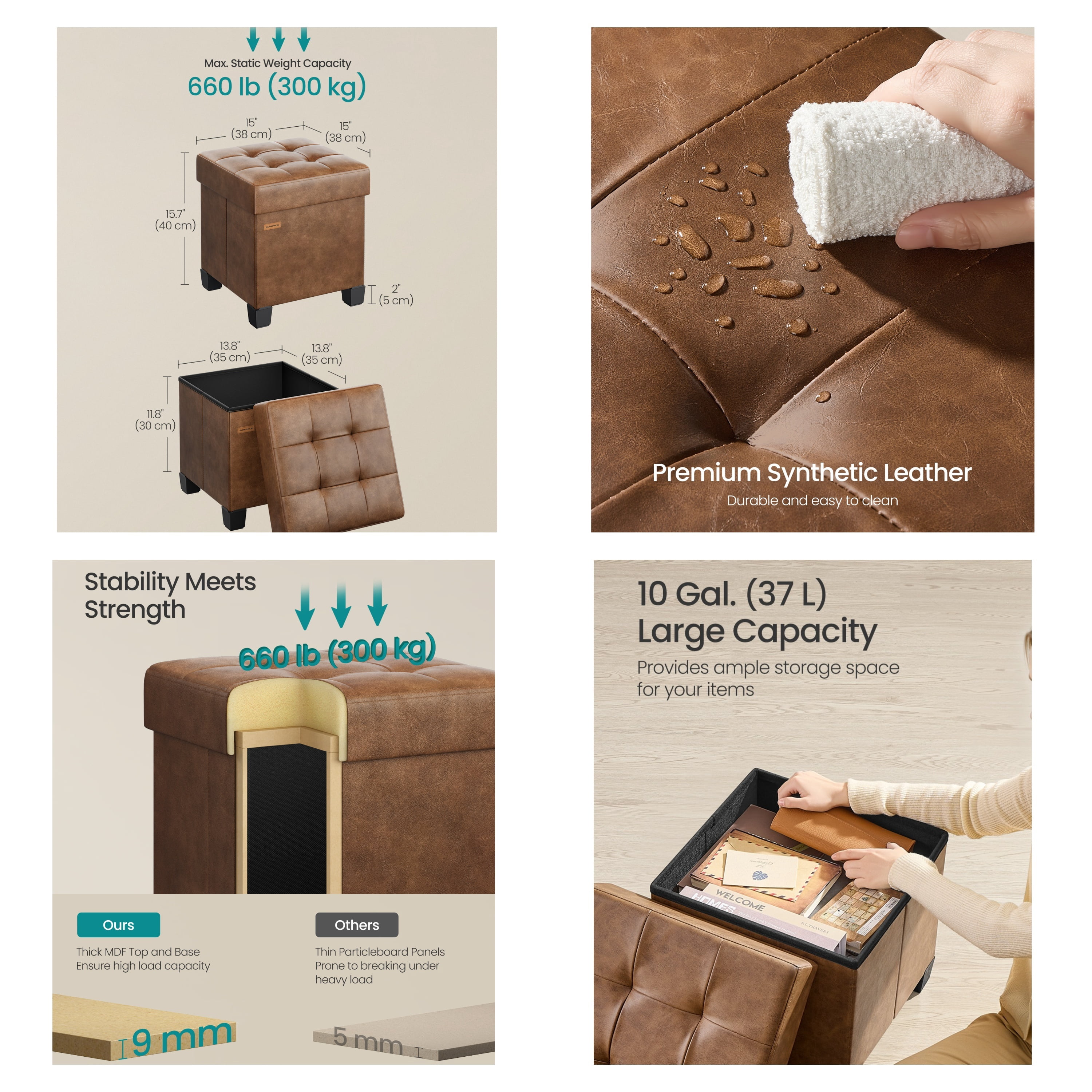 Ledrem Coffee Brown Foldable Ottoman Storage Bench, Footstool with 660 lb Capacity