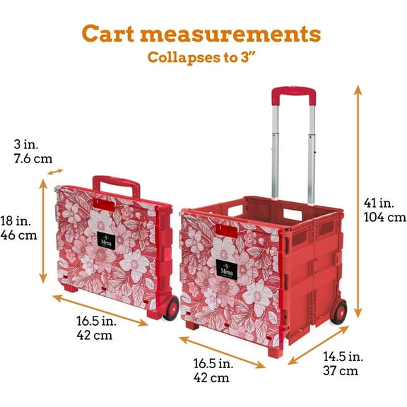 Ultra-Slim Rolling Collapsible Storage Pack-N-Roll Utility Carts, Flower Print Large - Heavy Duty with Telescopic Handle for Home, Garden, Shopping, Office, School