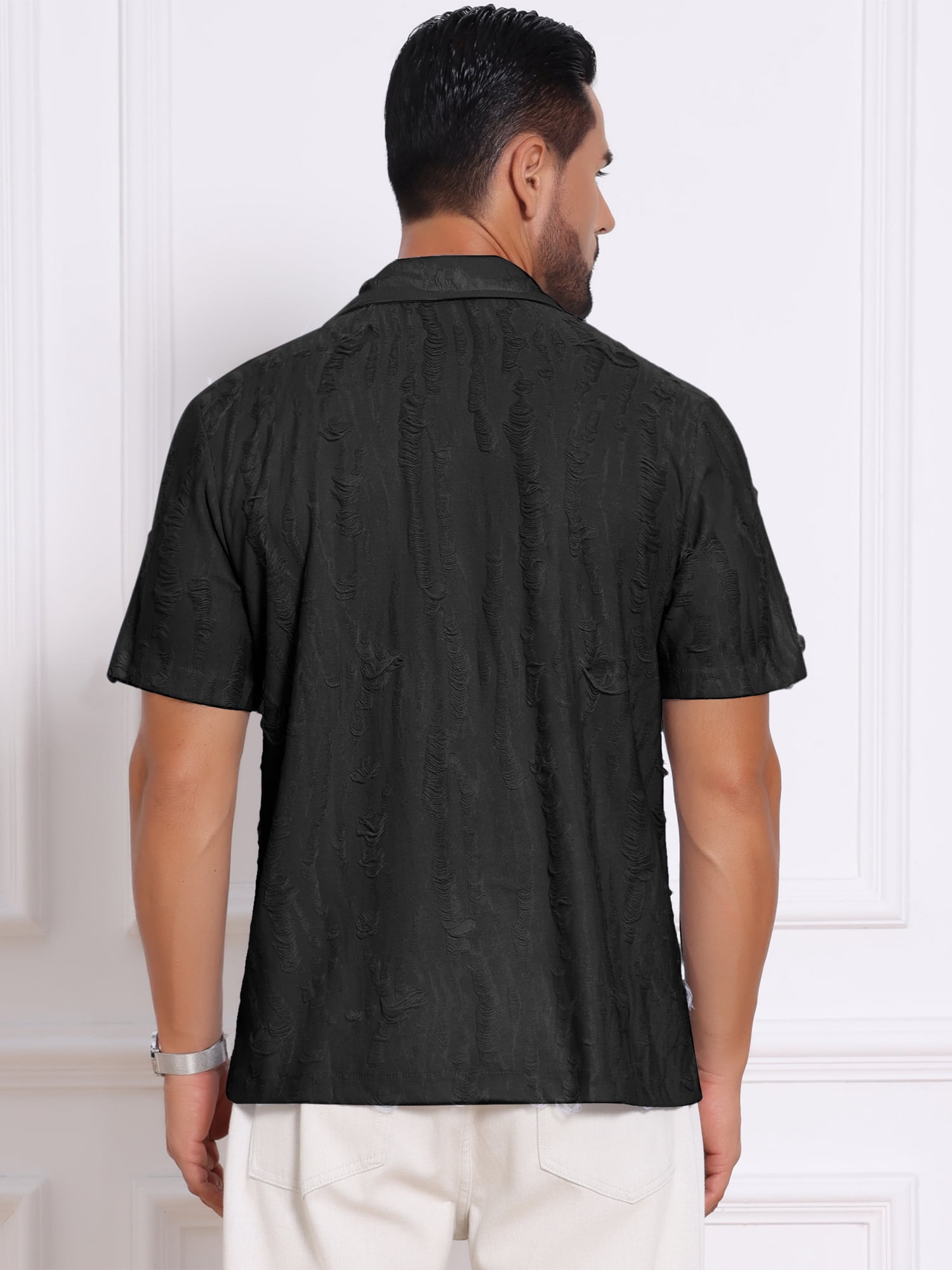 DARING DIVA Men's Camp Collar Button Down Short Sleeve Distressed Ripped Shirts 3XL Black