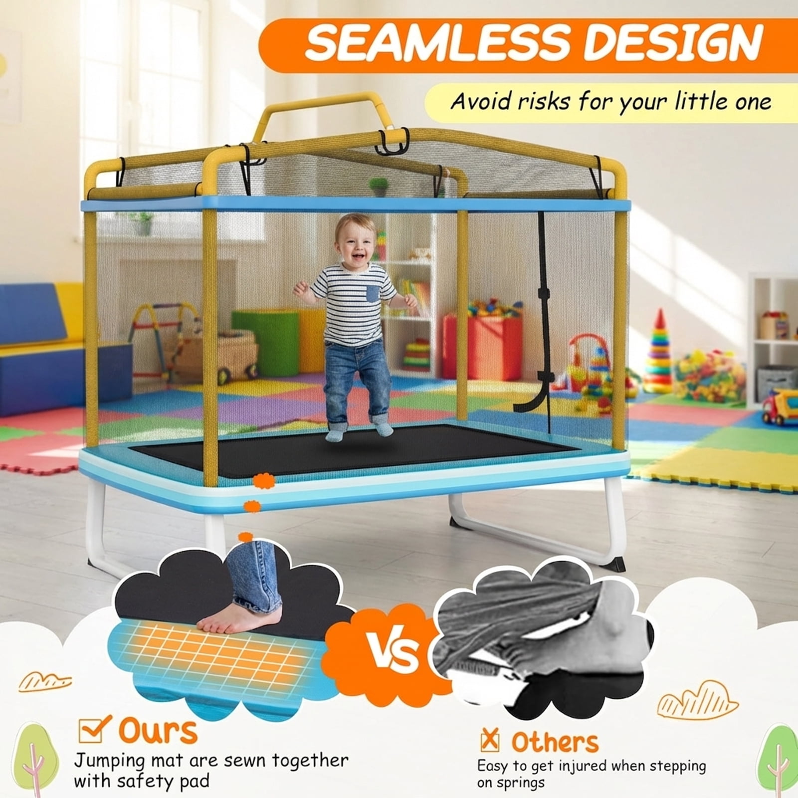 Redsmile 6 Feet Rectangle Trampoline with Swing Horizontal Bar and Safety Net-Yellow - Premium PE Safety Enclosure for Kids Outdoor Play