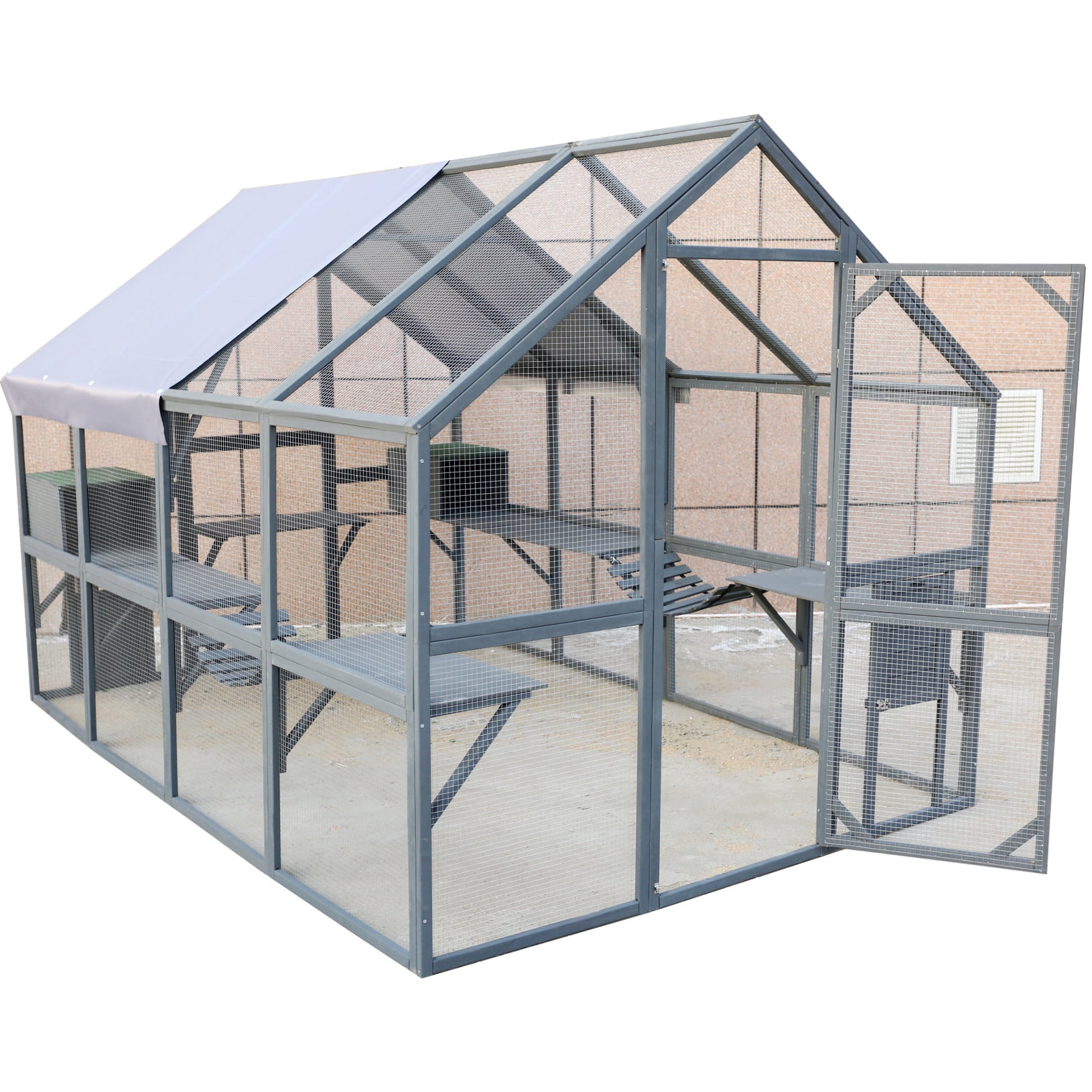 Large Outdoor Cat Enclosure Wooden Catio with Bridges, Walks, Small Houses, Roof Cover 110 Inch Gray