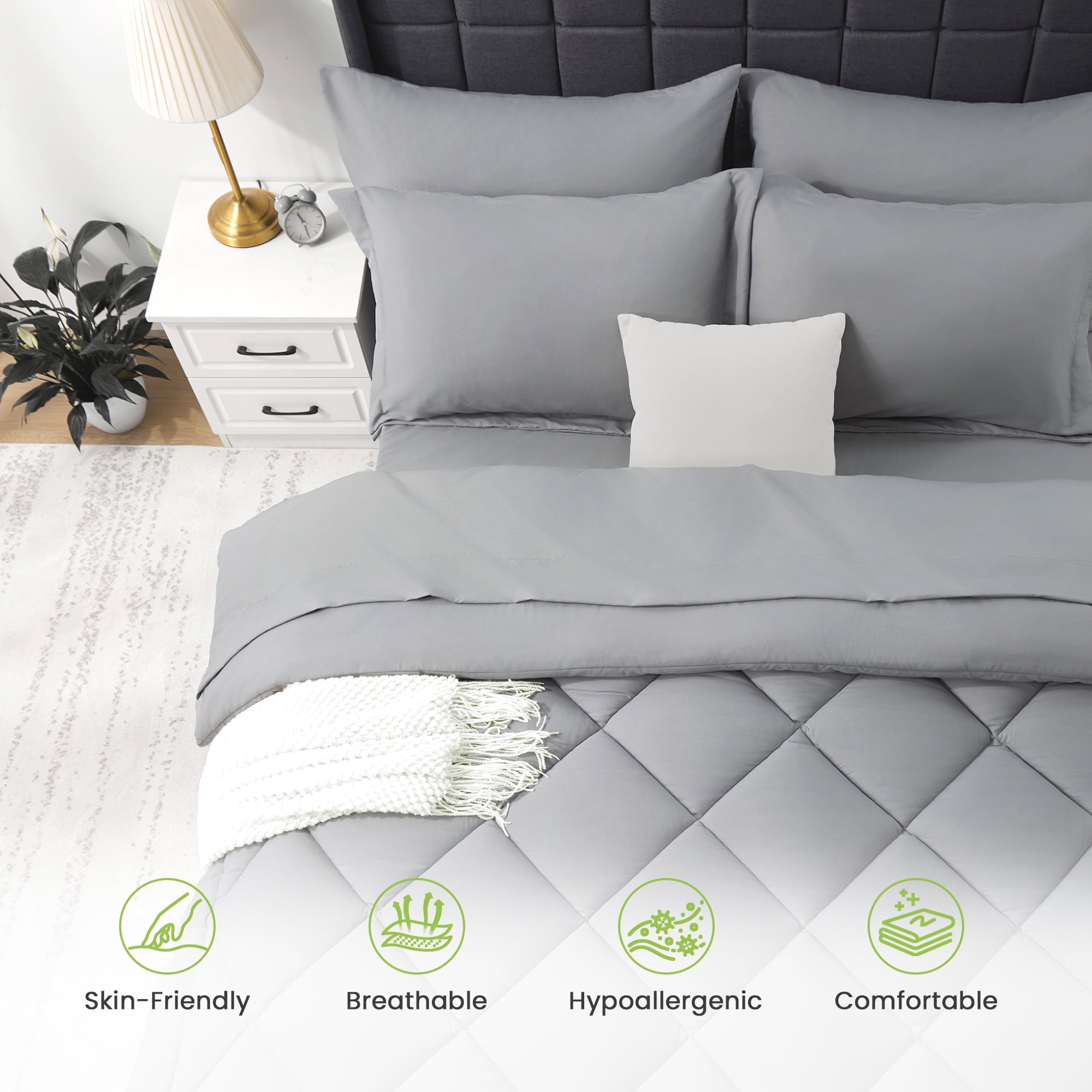 WISHEAD King Bed in a Bag Comforter Set with 7 Pieces - Light Gray All Season Bedding Sets with Comforter, Pillow Shams, Flat Sheet, Fitted Sheet and Pillowcases