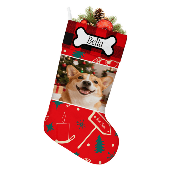 Personalized Pet Dog Christmas Stocking Custom Dog Photo & Name Stocking for Pets, 11.5x18.5 Inch Festive Pet Supplies Gift